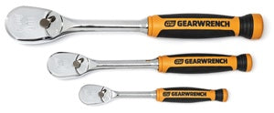 GearWrench 3 Piece 1/4 Inch, 3/8 Inch & 1/2 Inch Drive 90-Tooth Dual Material Teardrop Ratchet Set