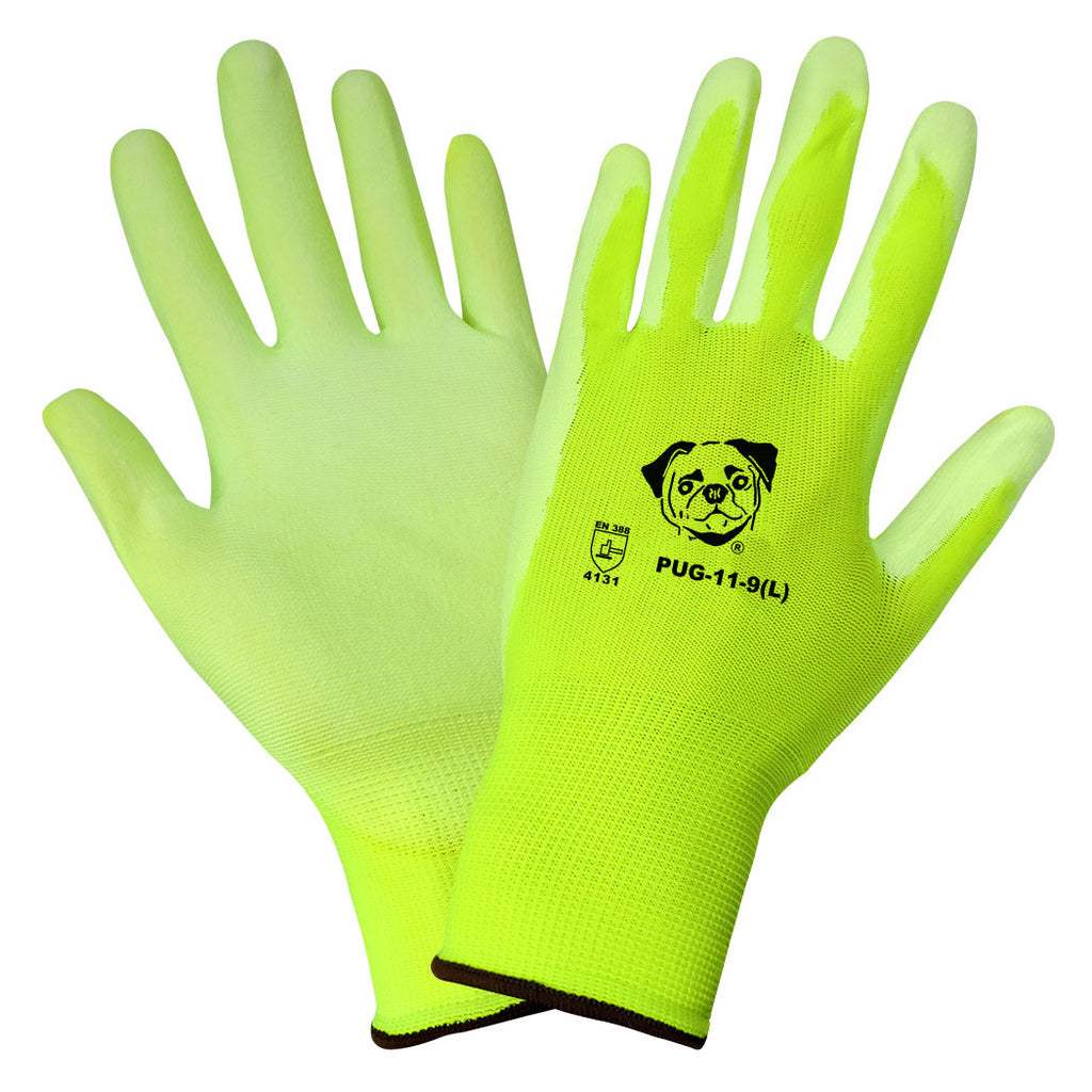 Global Glove PUG-11 Hi-Viz Yellow/Green Seamless Knit Gloves, 13 Gauge Nylon Shell, Polyurethane Coated Palm & Fingers